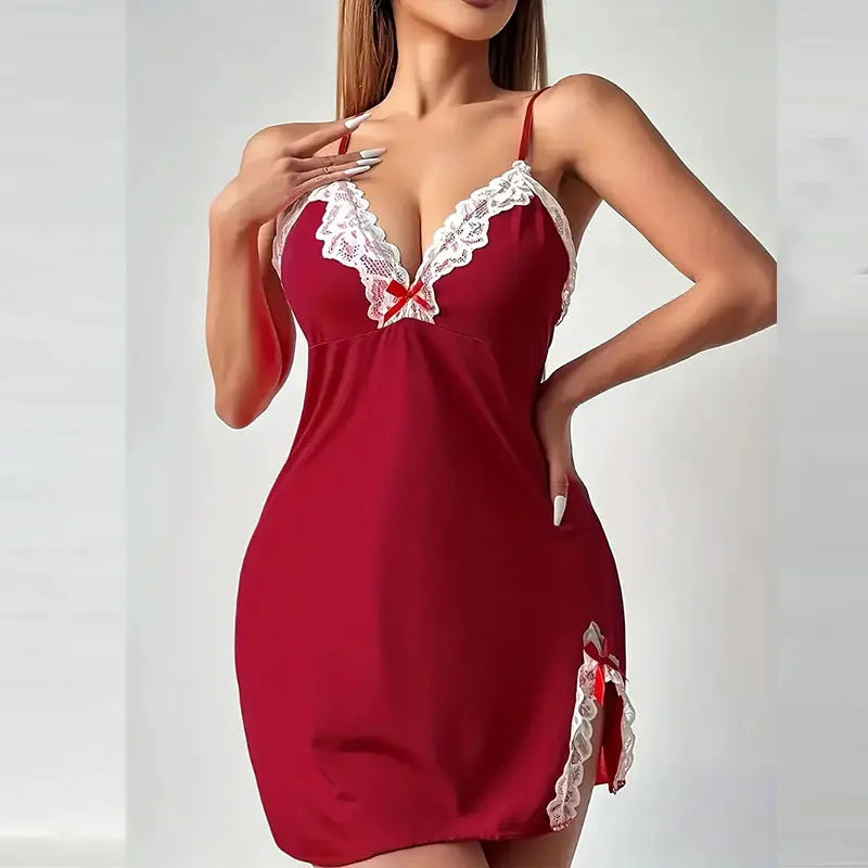 "Sexy Women’s Lingerie Set – Plus Size Lace Bra, Thong & Split-Hem Nightgown"