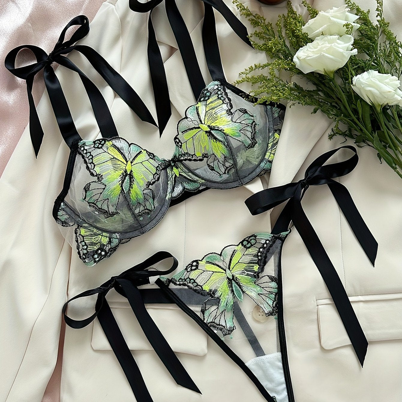 Butterfly Embroidery Lingerie Set, Unlined Mesh Bra & Strappy Thong, Women's Sexy Lingerie & Underwear