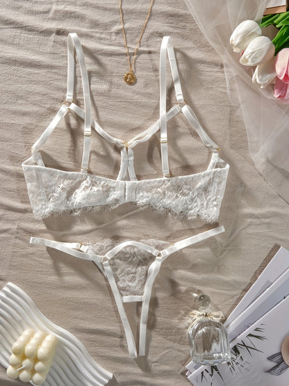 Wine Red Lace Hollow-Out Sexy Lingerie Two-Piece Set