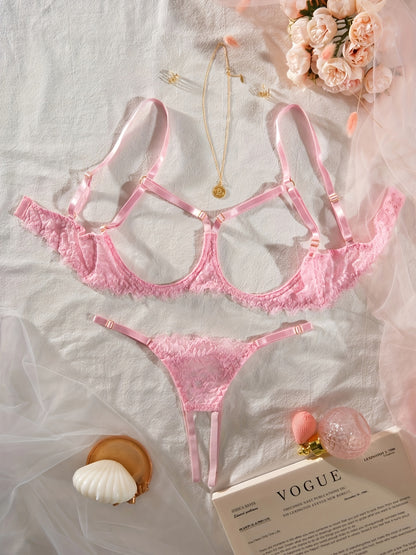 Wine Red Lace Hollow-Out Sexy Lingerie Two-Piece Set