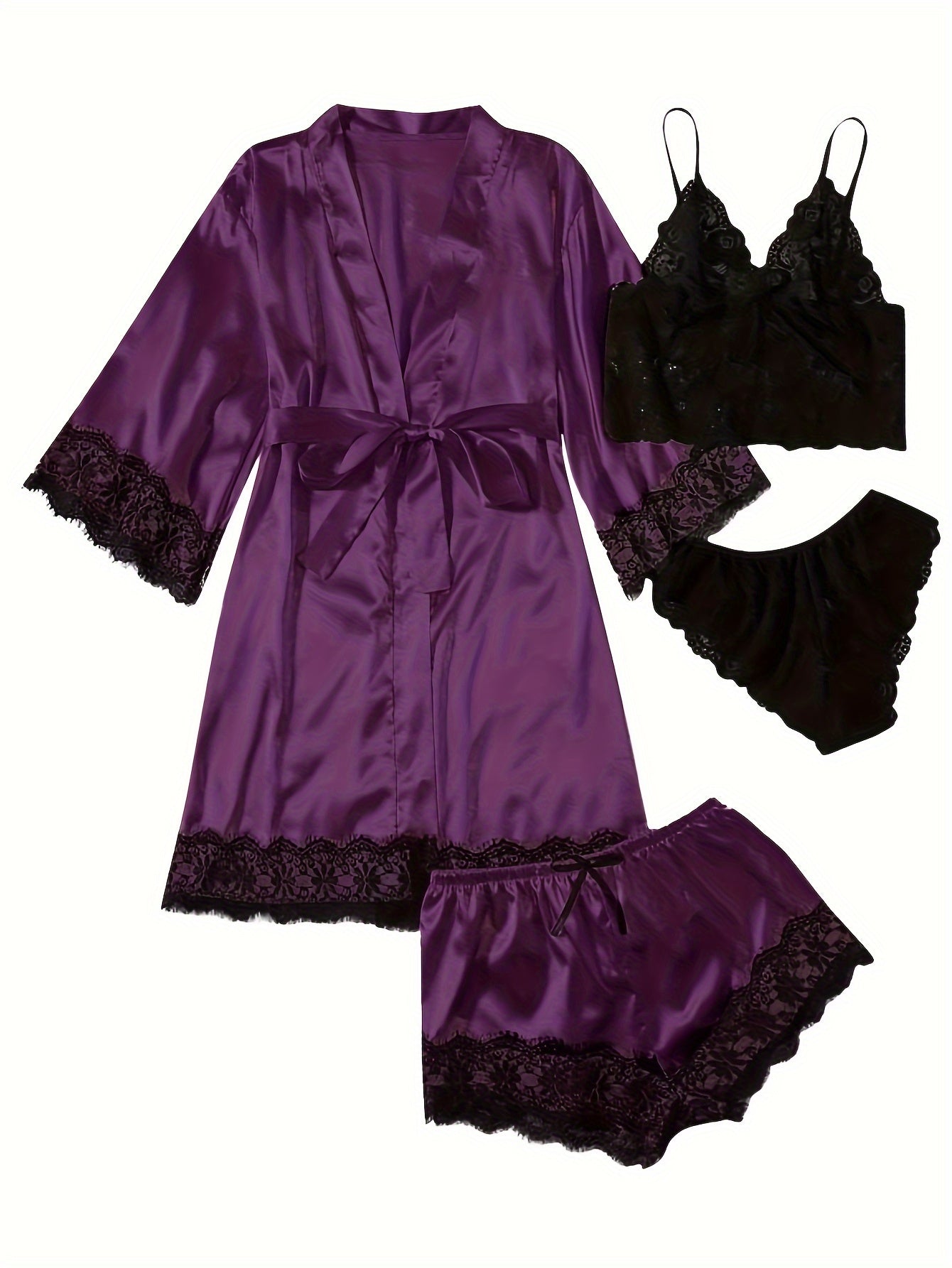Elegant Satin Contrast Lace Lounge Set,