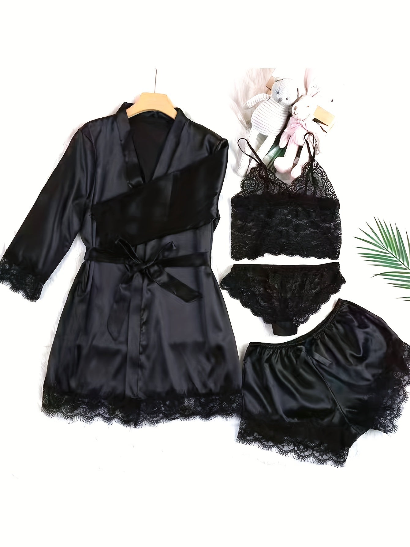 Elegant Satin Contrast Lace Lounge Set,