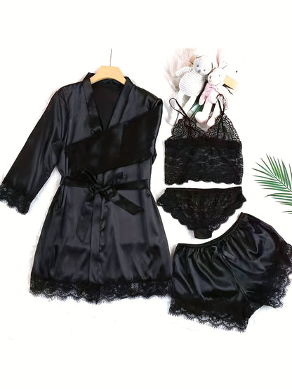 Elegant Satin Contrast Lace Lounge Set,