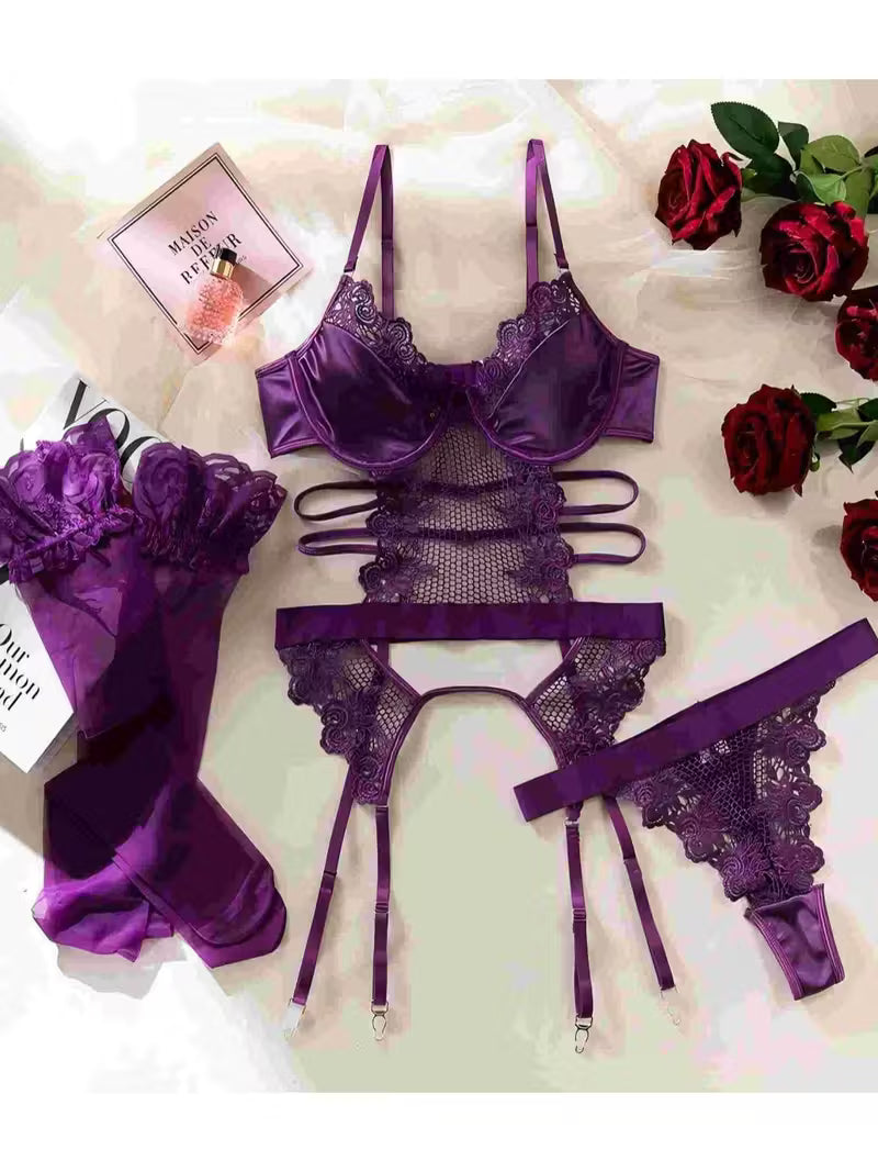 Luxury Lace Mesh Satin Babydoll Lingerie Set – Includes Garter Belt & Stockings (3-Piece)