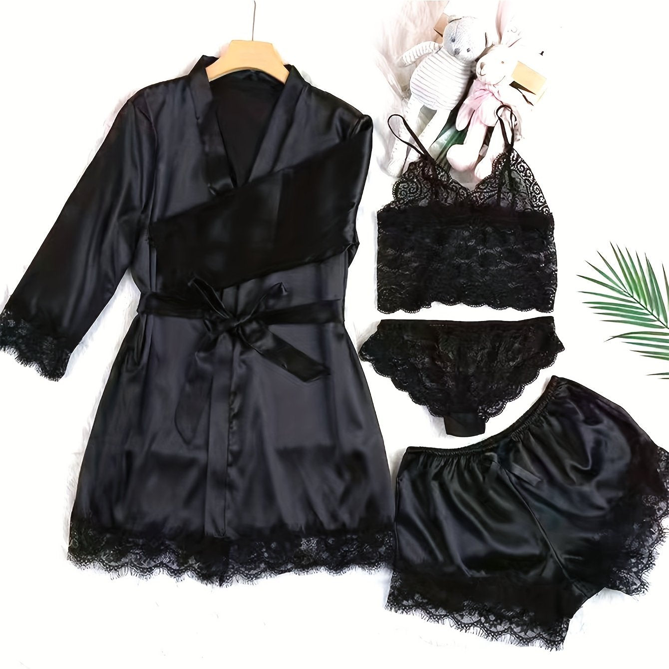 Elegant Satin Contrast Lace Lounge Set,