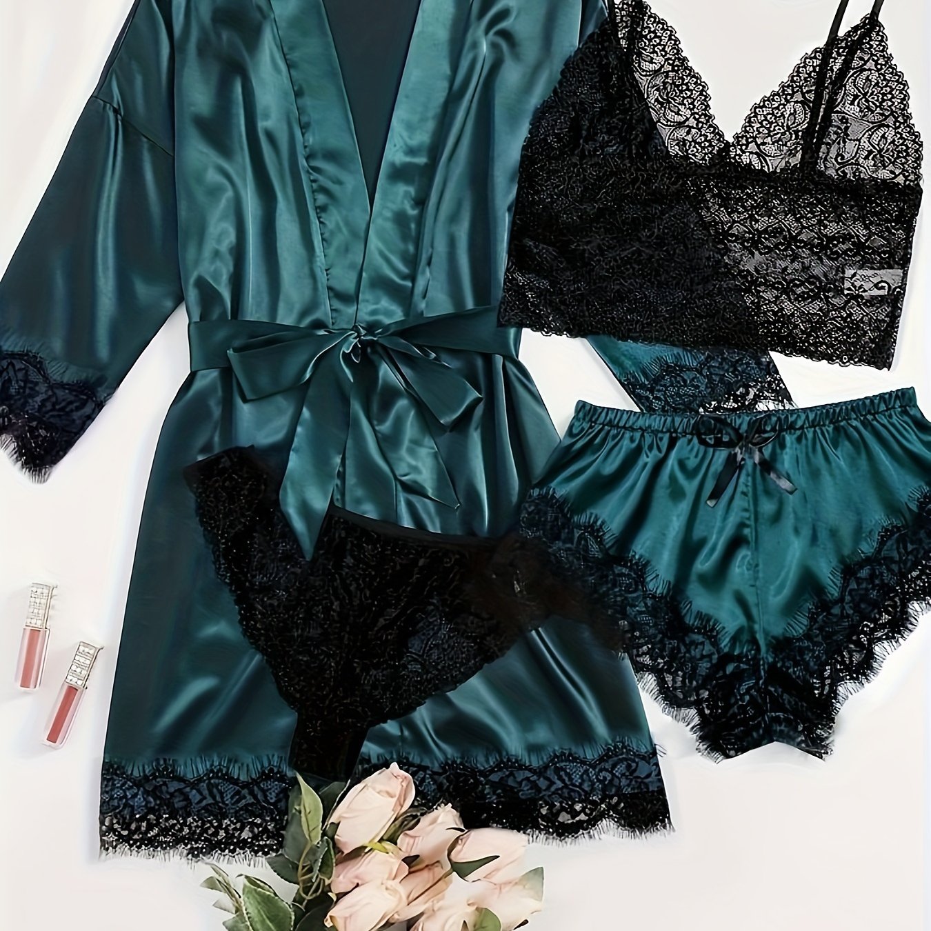 Elegant Satin Contrast Lace Lounge Set,