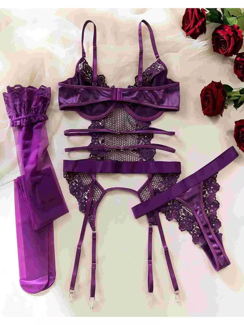 Luxury Lace Mesh Satin Babydoll Lingerie Set – Includes Garter Belt & Stockings (3-Piece)
