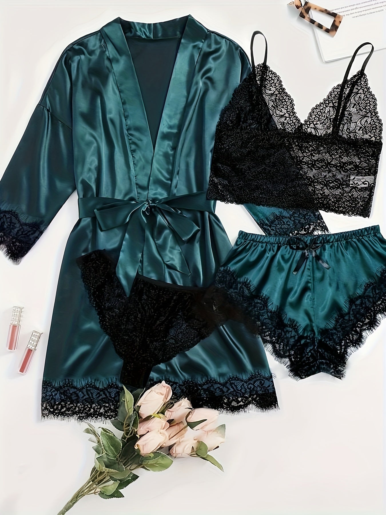 Elegant Satin Contrast Lace Lounge Set,