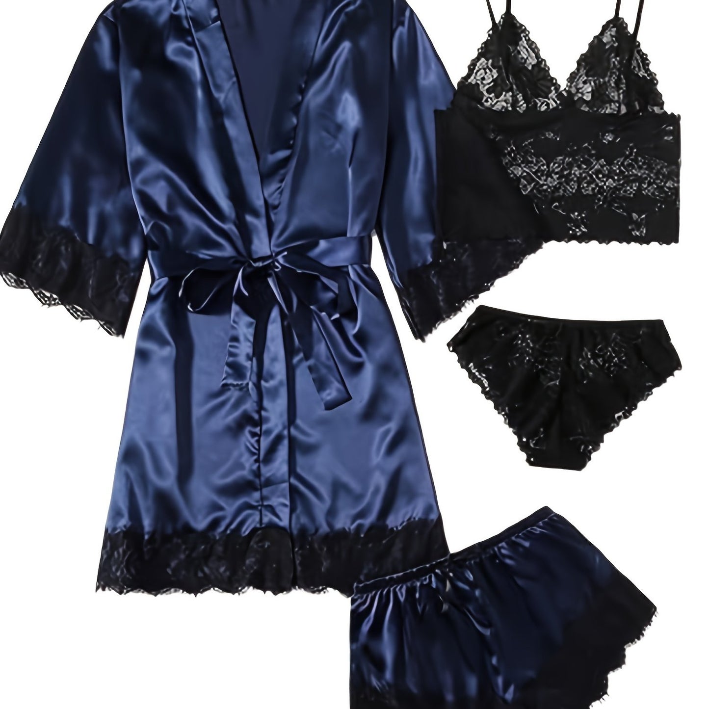 Elegant Satin Contrast Lace Lounge Set,