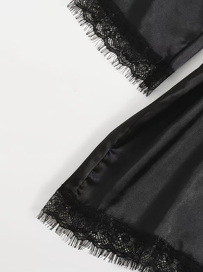 Elegant Satin Contrast Lace Lounge Set,