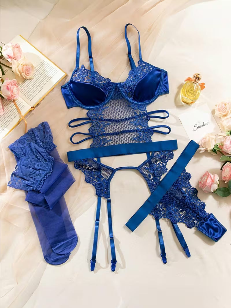 Luxury Lace Mesh Satin Babydoll Lingerie Set – Includes Garter Belt & Stockings (3-Piece)