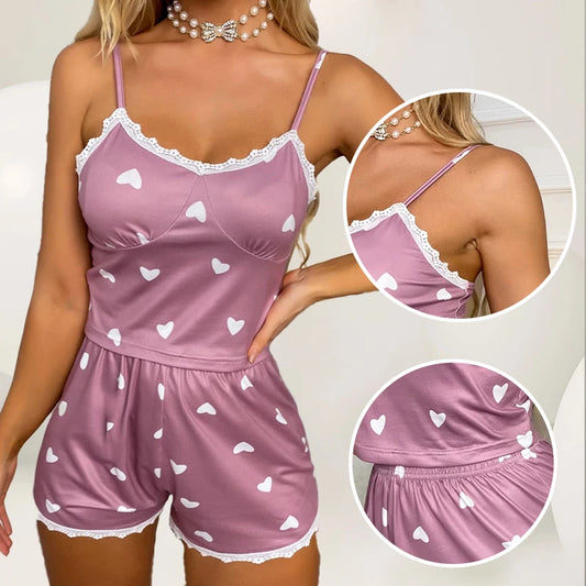 Cute Two-Piece Pajama Set for Women – Lace V-Neck Top with Printed Shorts