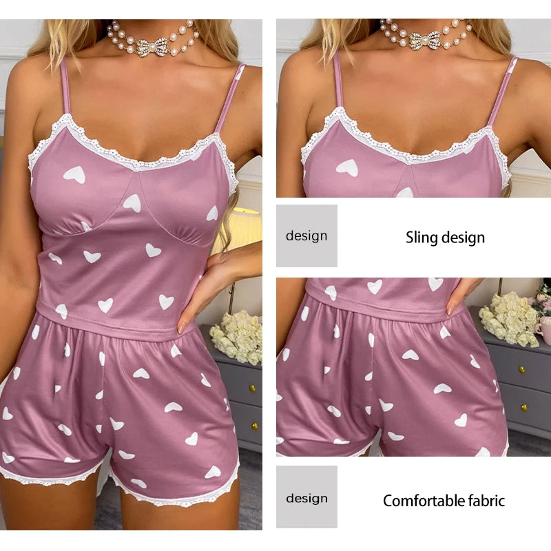 Cute Two-Piece Pajama Set for Women – Lace V-Neck Top with Printed Shorts
