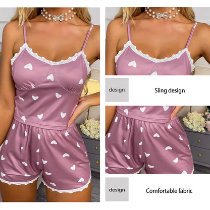 Cute Two-Piece Pajama Set for Women – Lace V-Neck Top with Printed Shorts