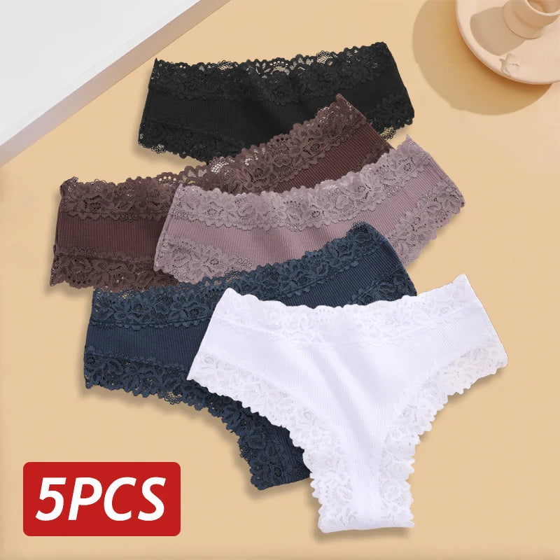 Sexy Seamless Cotton Panties for Women – 5PCS Lace Brazilian Underwear, Plus Size