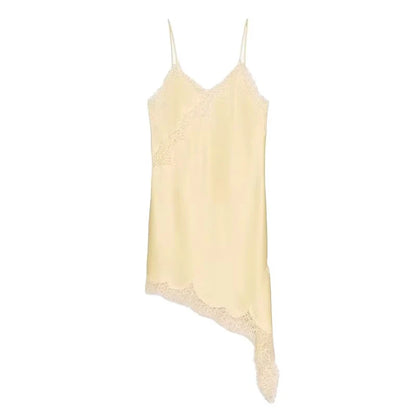 "Elegant Sexy Satin Dress – Lace Spliced Sleeveless Backless Asymmetric Summer Dress"
