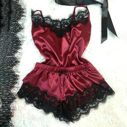 "Sleeveless Satin Pajama Set – Erotic Lace-Trimmed Nightwear for Women"