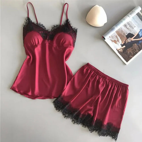 "Sexy Sleepwear Set – Women’s V-Neck Lace Top & Comfortable Shorts"