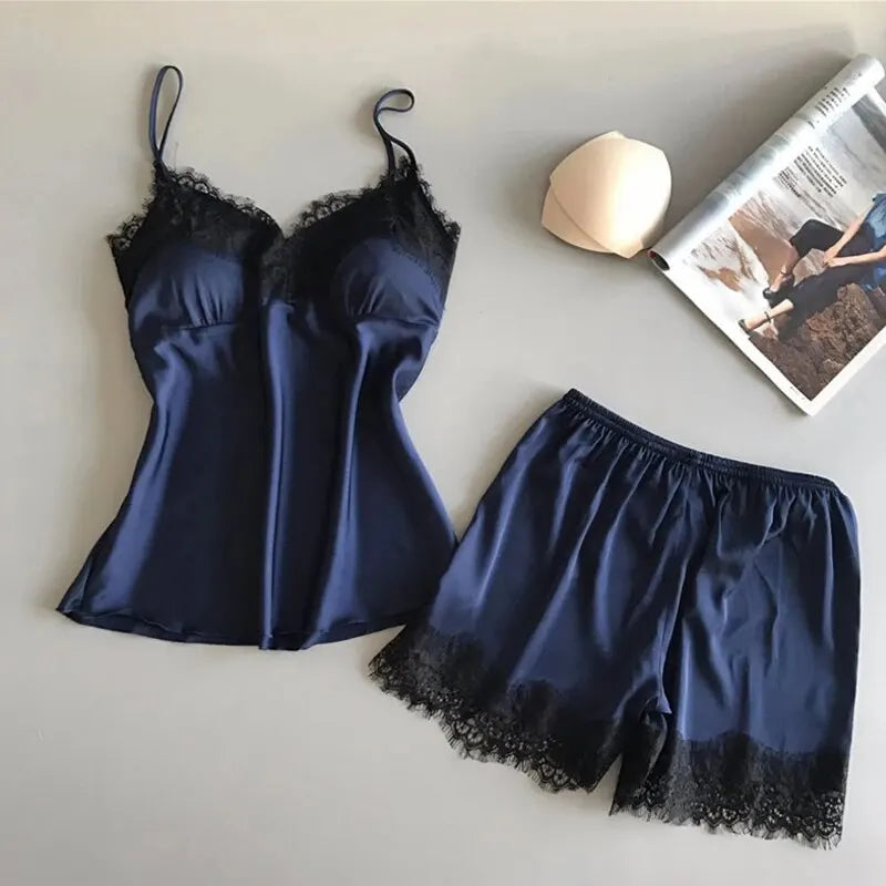 "Sexy Sleepwear Set – Women’s V-Neck Lace Top & Comfortable Shorts"