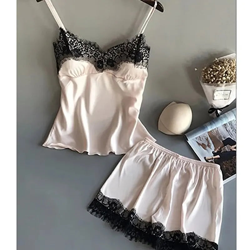 "Sexy Sleepwear Set – Women’s V-Neck Lace Top & Comfortable Shorts"