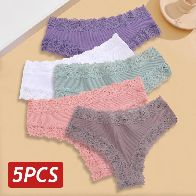 Sexy Seamless Cotton Panties for Women – 5PCS Lace Brazilian Underwear, Plus Size