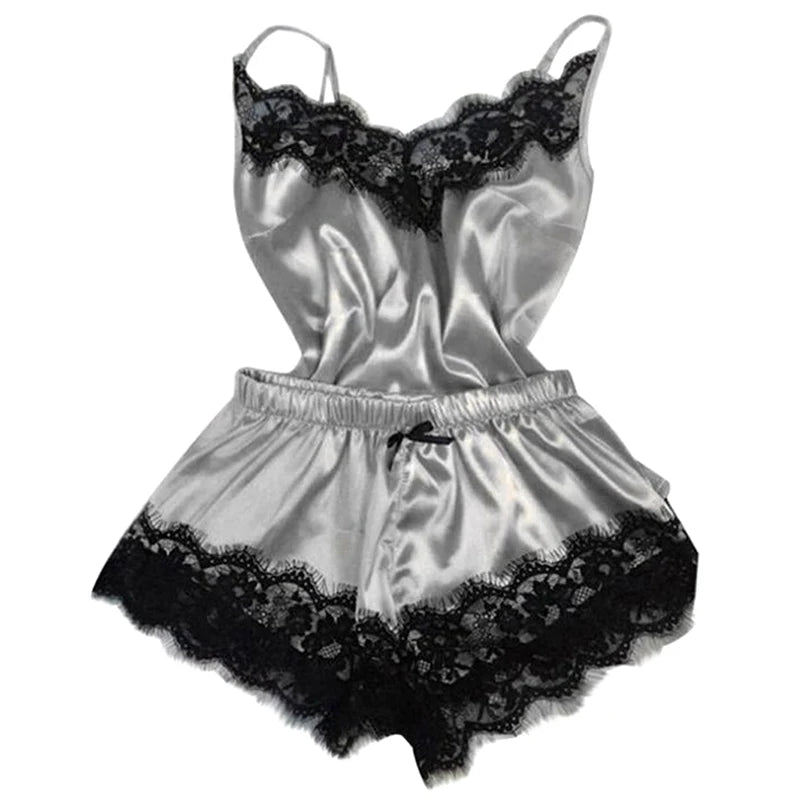 "Sleeveless Satin Pajama Set – Erotic Lace-Trimmed Nightwear for Women"