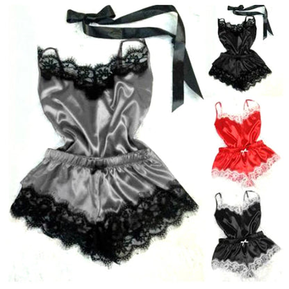 "Sleeveless Satin Pajama Set – Erotic Lace-Trimmed Nightwear for Women"