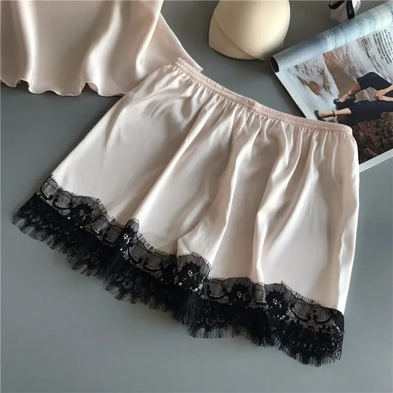"Sexy Sleepwear Set – Women’s V-Neck Lace Top & Comfortable Shorts"