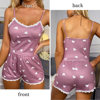Cute Two-Piece Pajama Set for Women – Lace V-Neck Top with Printed Shorts