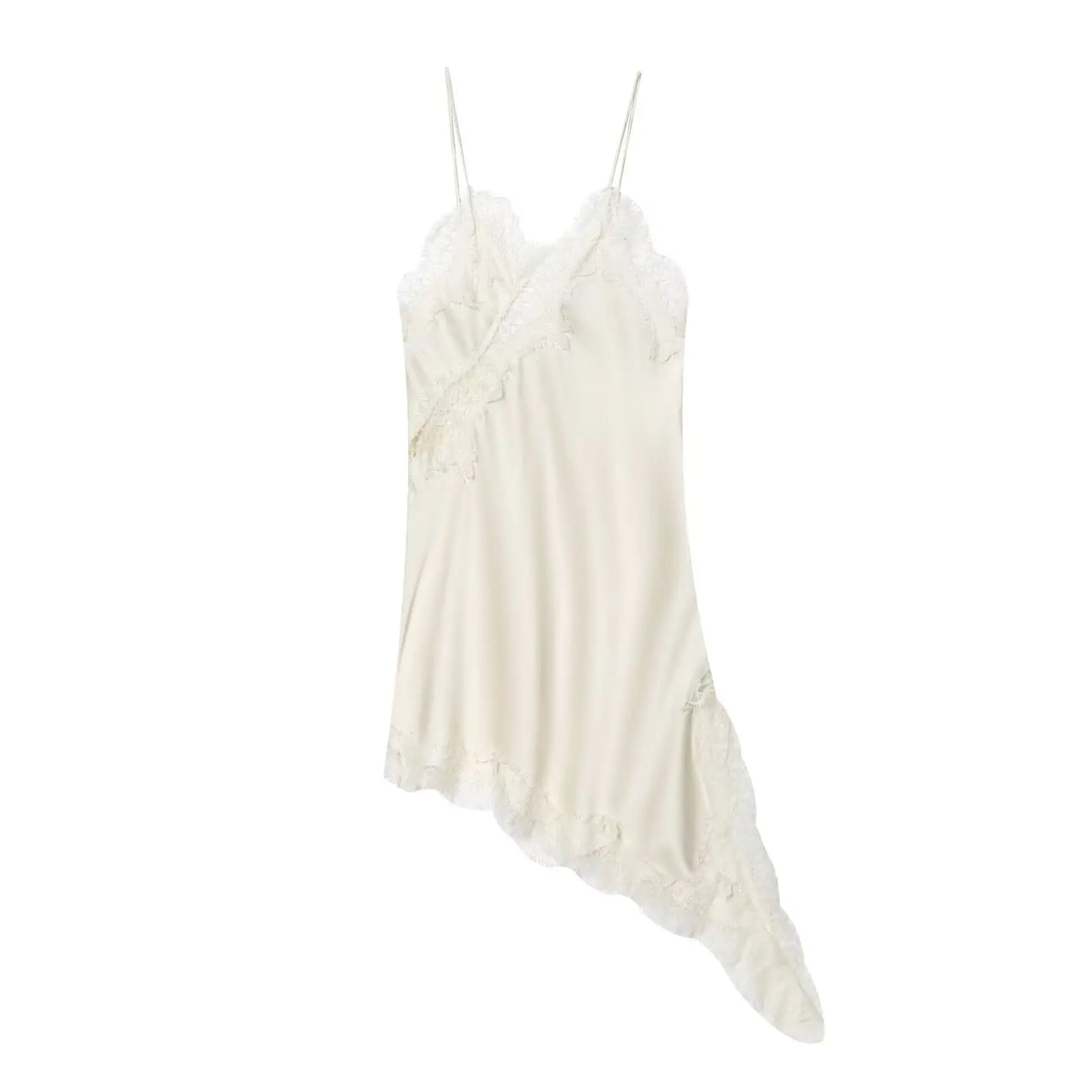 "Elegant Sexy Satin Dress – Lace Spliced Sleeveless Backless Asymmetric Summer Dress"