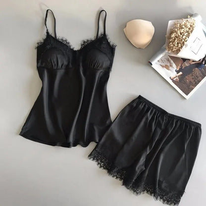 "Sexy Sleepwear Set – Women’s V-Neck Lace Top & Comfortable Shorts"