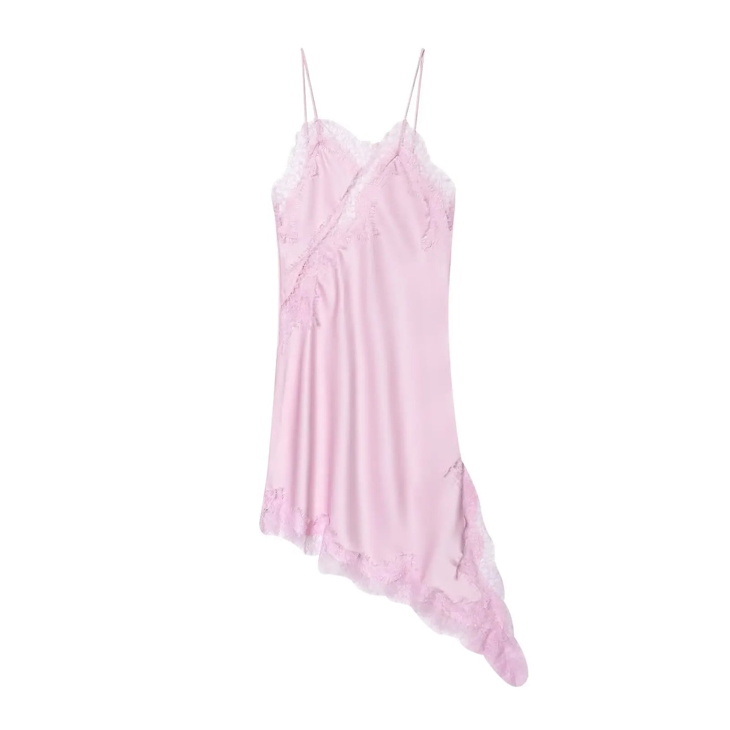 "Elegant Sexy Satin Dress – Lace Spliced Sleeveless Backless Asymmetric Summer Dress"