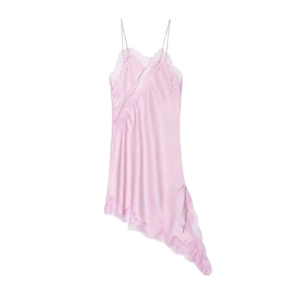 "Elegant Sexy Satin Dress – Lace Spliced Sleeveless Backless Asymmetric Summer Dress"