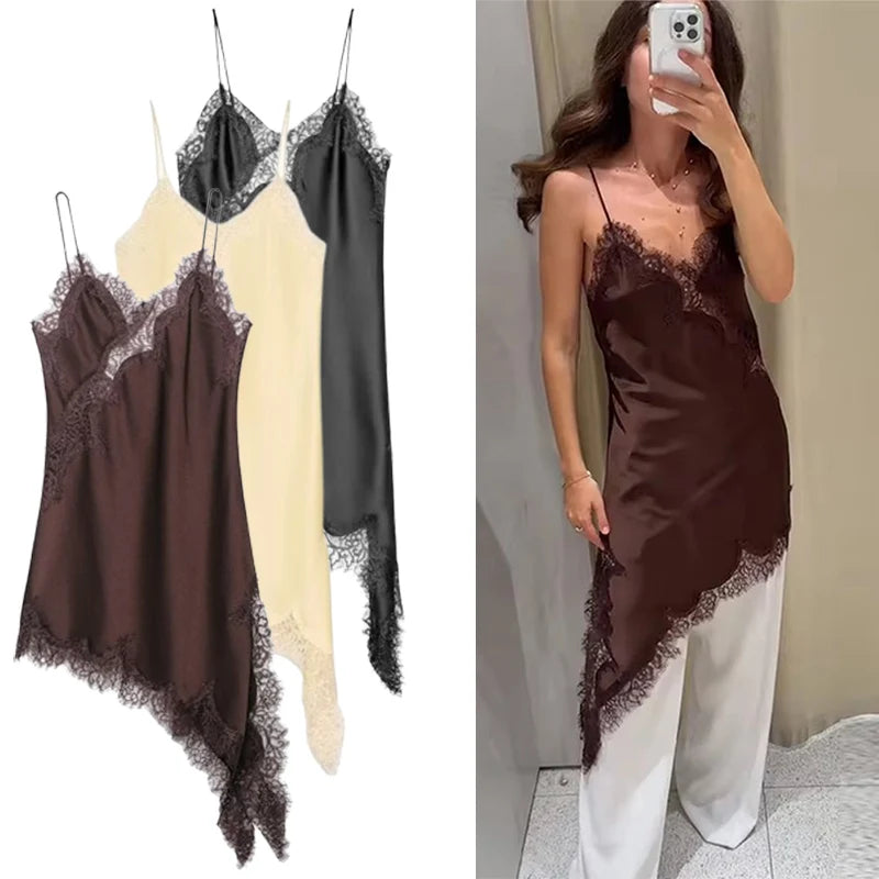 "Elegant Sexy Satin Dress – Lace Spliced Sleeveless Backless Asymmetric Summer Dress"