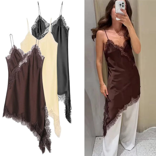 "Elegant Sexy Satin Dress – Lace Spliced Sleeveless Backless Asymmetric Summer Dress"