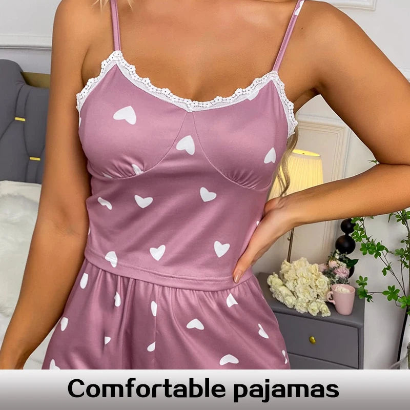 Cute Two-Piece Pajama Set for Women – Lace V-Neck Top with Printed Shorts