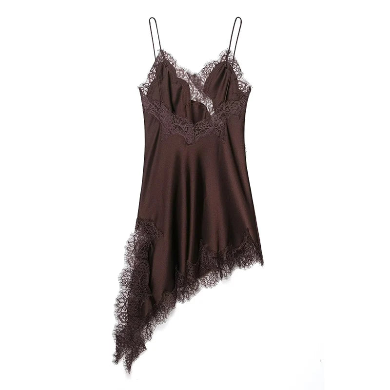 "Elegant Sexy Satin Dress – Lace Spliced Sleeveless Backless Asymmetric Summer Dress"