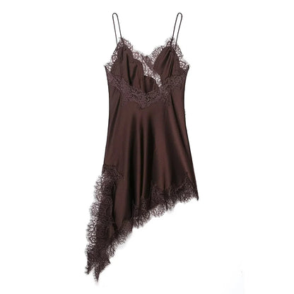 "Elegant Sexy Satin Dress – Lace Spliced Sleeveless Backless Asymmetric Summer Dress"