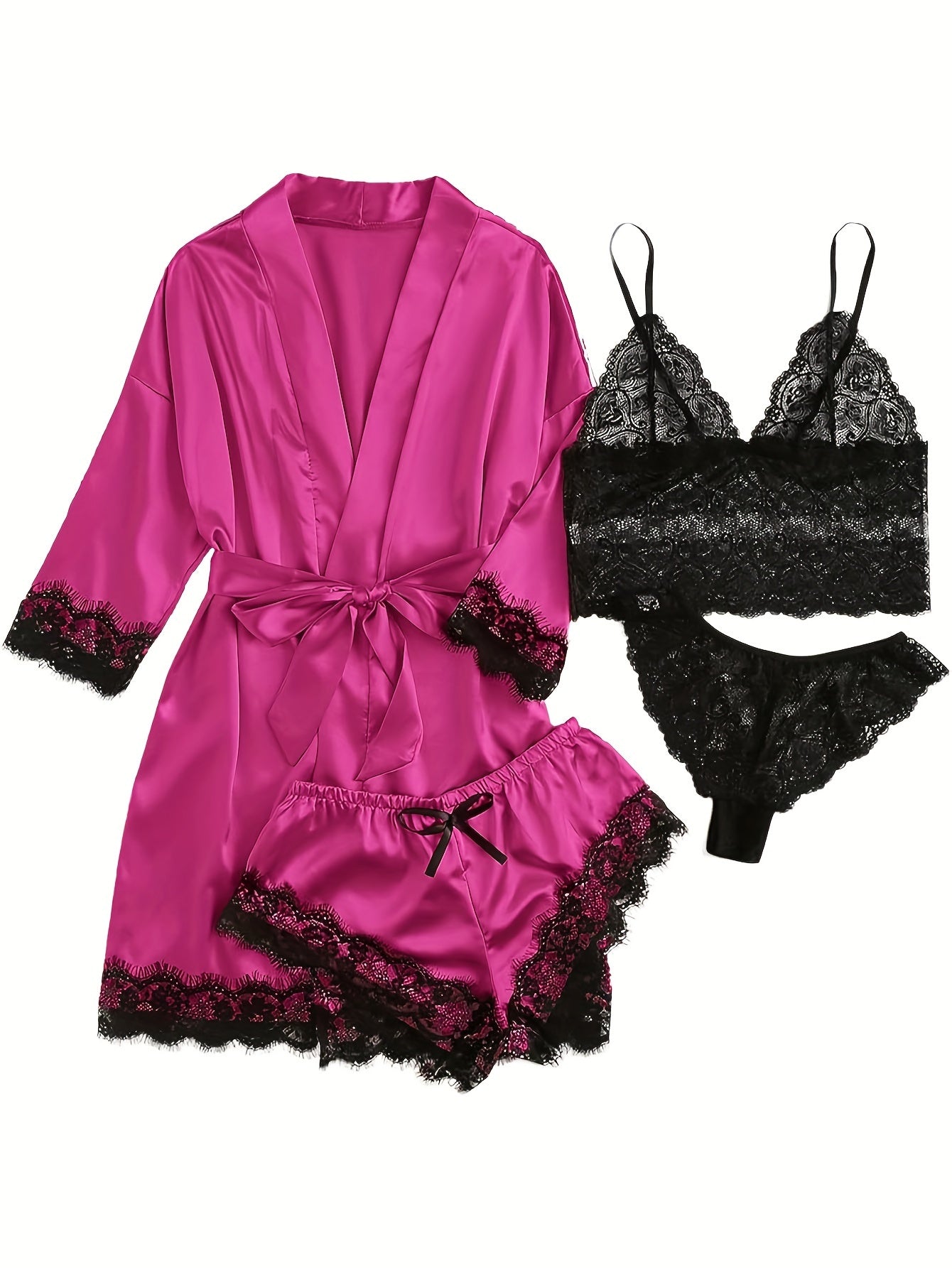 Elegant Satin Contrast Lace Lounge Set,