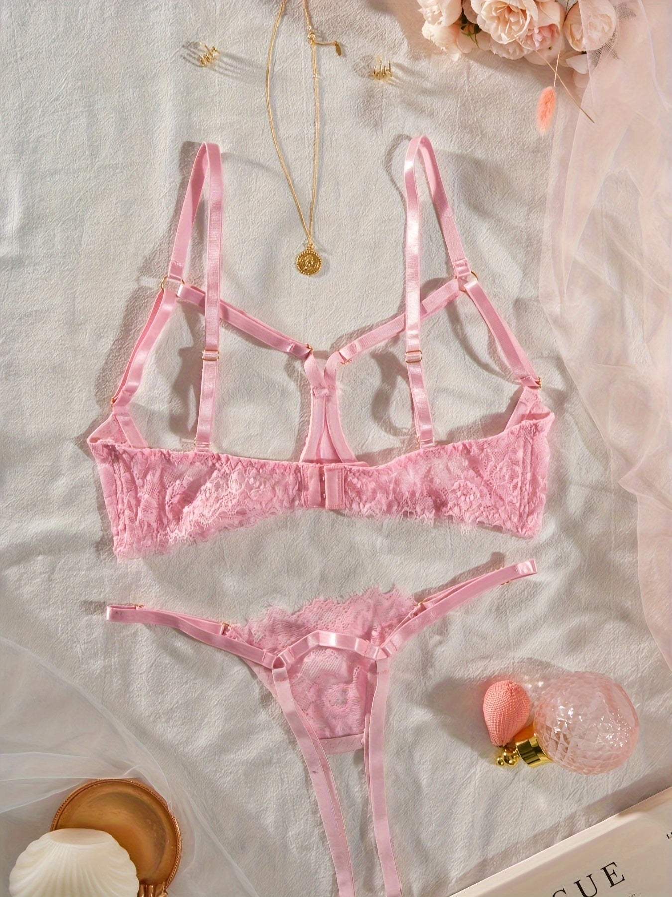 Wine Red Lace Hollow-Out Sexy Lingerie Two-Piece Set