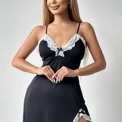Women'S Sexy Gray Lace Nightgown with Bow Detail