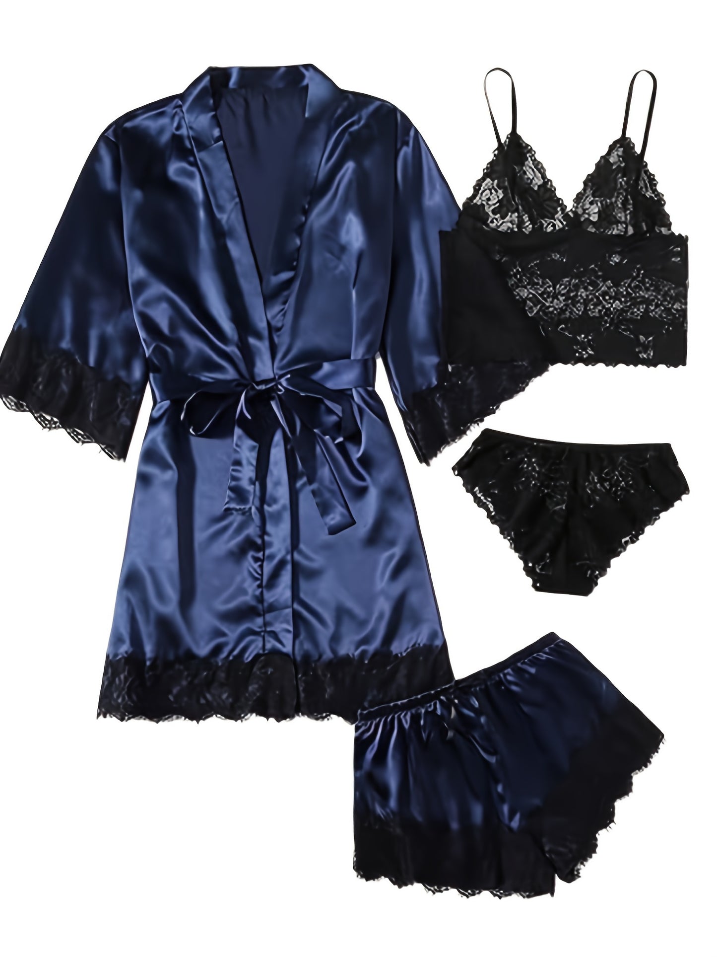 Elegant Satin Contrast Lace Lounge Set,
