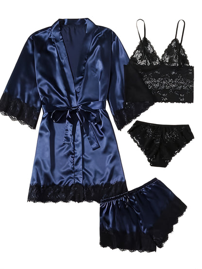 Elegant Satin Contrast Lace Lounge Set,