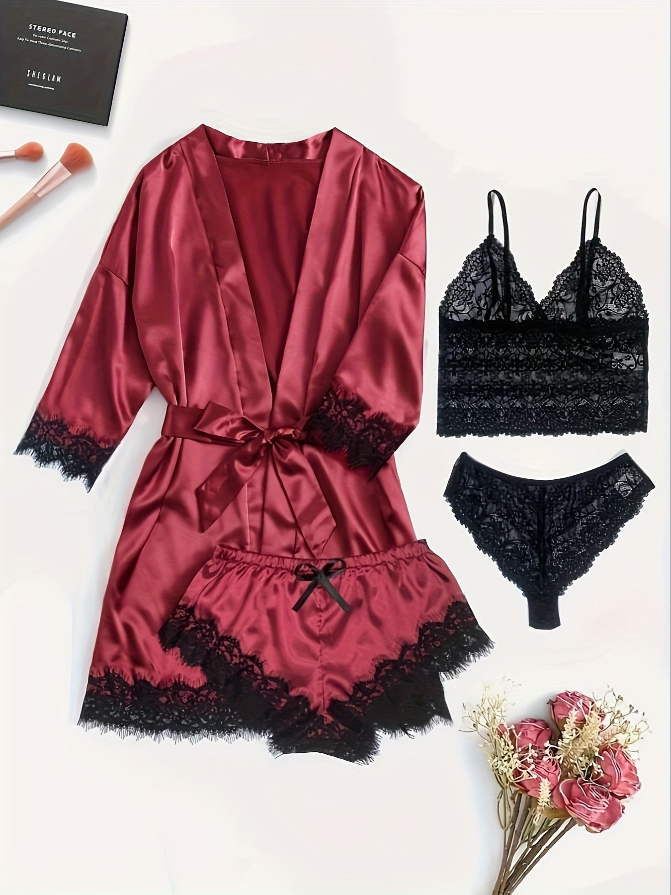 Elegant Satin Contrast Lace Lounge Set,