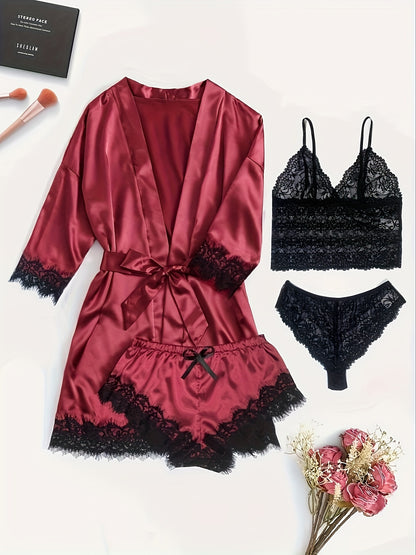 Elegant Satin Contrast Lace Lounge Set,