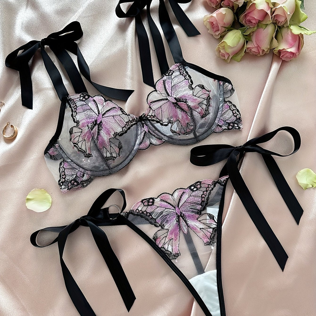 Butterfly Embroidery Lingerie Set, Unlined Mesh Bra & Strappy Thong, Women's Sexy Lingerie & Underwear
