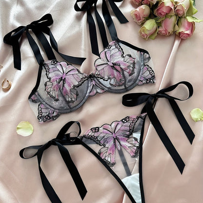 Butterfly Embroidery Lingerie Set, Unlined Mesh Bra & Strappy Thong, Women's Sexy Lingerie & Underwear