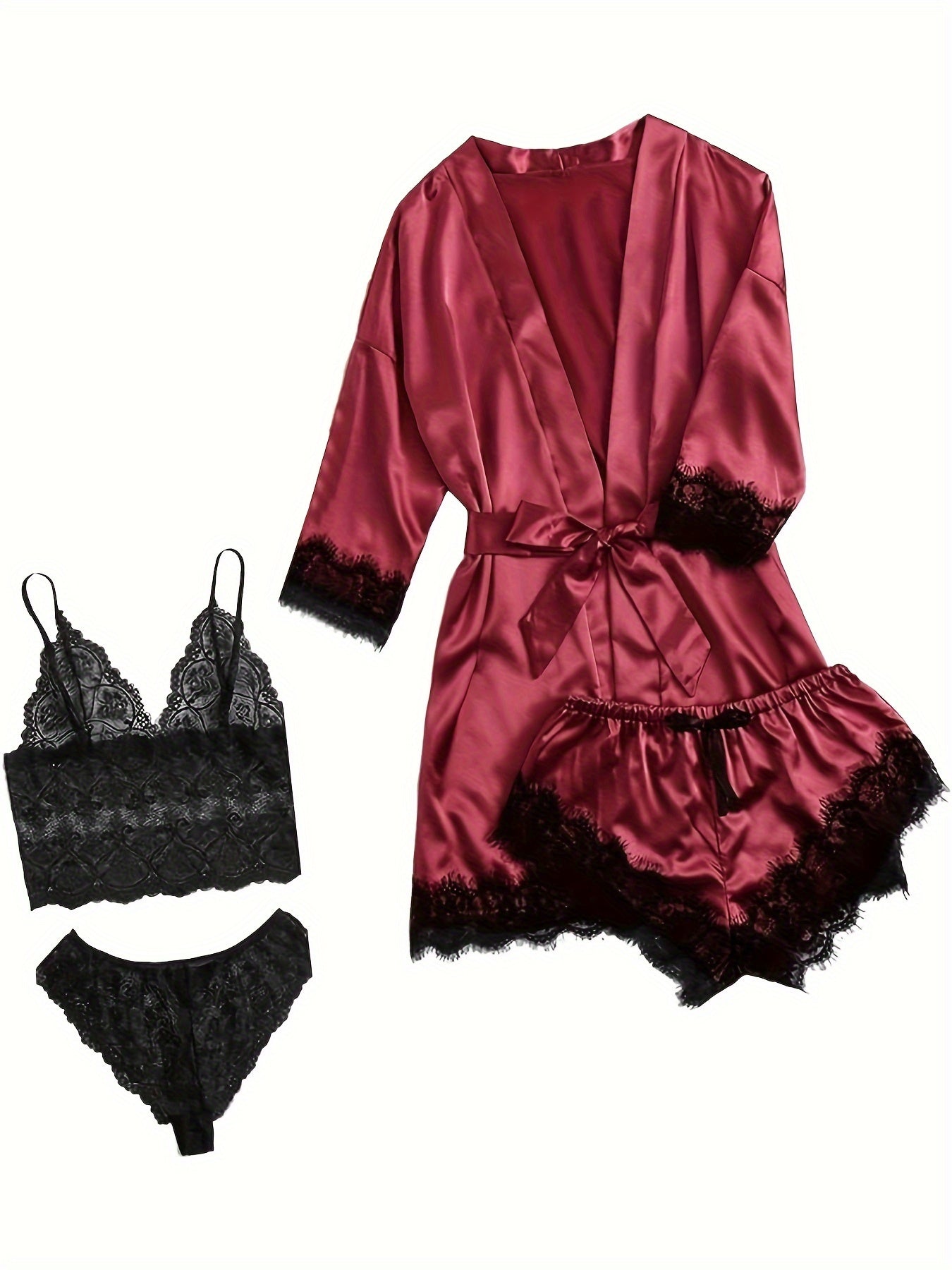 Elegant Satin Contrast Lace Lounge Set,