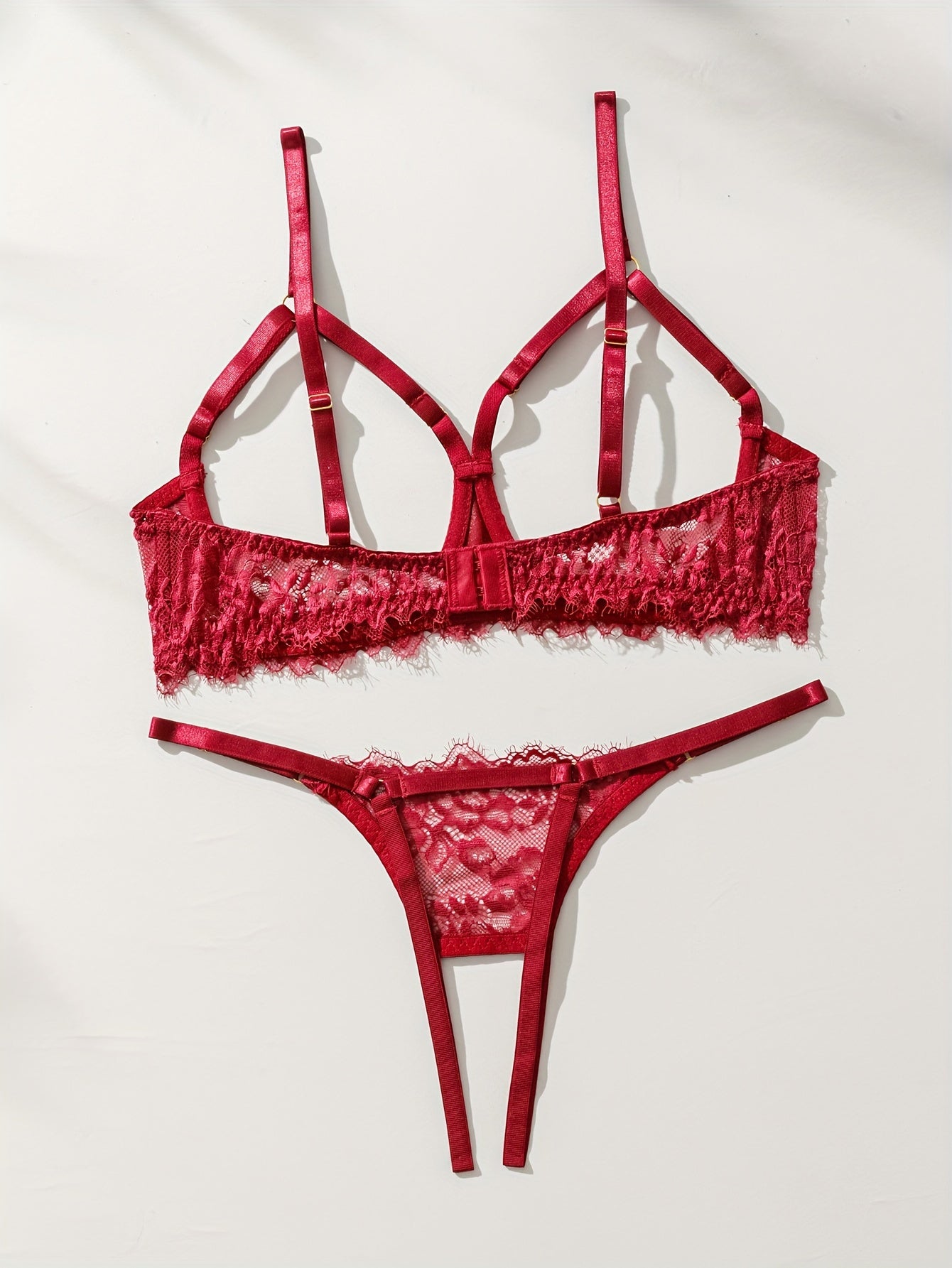 Wine Red Lace Hollow-Out Sexy Lingerie Two-Piece Set