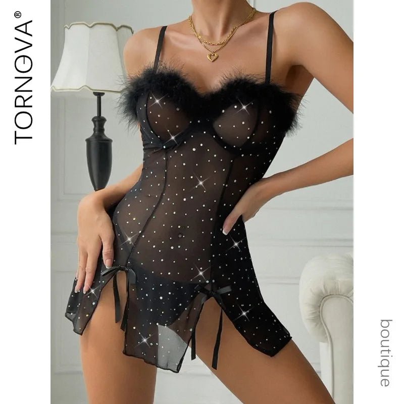 Ethical Sexy Lingerie for Women – Tornova Elastic Mesh Feather Splice Dress Set - froste Nordal
